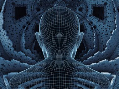 Zihin serisi yayılıyor. insan aklının, yapay zeka ve sanal gerçeklik insan kafası ve fraktal desen için çelik hasır modeli 3D render çalışır