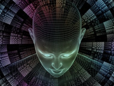 Radyasyon zihin serisi. İnsan beyni, yapay zeka ve sanal gerçeklik projeleri için zemin olarak insan kafasının ve fraktal desenlerin 3 boyutlu yapılandırılması