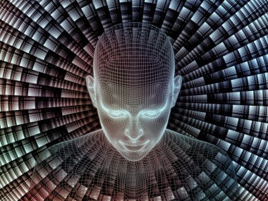 Radyasyon zihin serisi. İnsan zihni, yapay zeka ve sanal gerçeklik üzerinde insan kafası ve fraktal modelinin 3 boyutlu yansıması