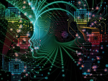 CPU zihin serisi. İnsan yüzü siluet ve teknoloji sembolleri bilgisayar bilimi, yapay zeka ve iletişim konusunda yapılmış soyut tasarım