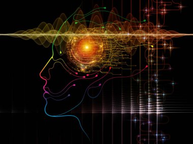 Dijital zihin serisi. Bilgisayar bilimi, yapay zeka ve iletişim projeleri için fon olarak hizmet etmek için insan yüzü ve teknoloji sembol siluet bileşimi