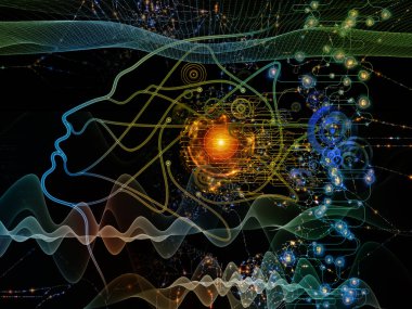 Dijital zihin serisi. Arka plan tasarımı, bilgisayar bilimi, yapay zeka ve iletişim konusunda insan yüzü ve teknoloji sembol siluet