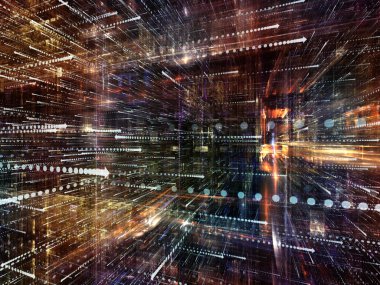 Sanal uzay serisi. Bilgi teknolojisi, bilgisayar ve iletişim projelerde kullanılmak üzere perspektifte okları sembollerle yarı saydam 3B yapısının arka plan yaptı