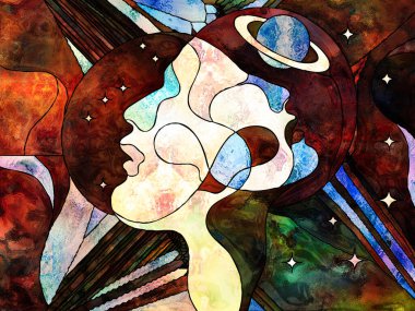 Lekeli Glass Forever serisi. Bilim, iç gerçeklik ve yaşamın birliği üzerine evrenin rengarenk desenleri ve sembolleriyle kadın ve erkek başları birbirlerini inceliyor..