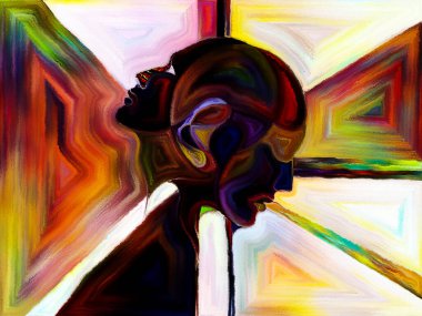 Lekeli Glass Forever serisi. Tasarım, yaratıcılık ve hayal gücü konularındaki insan profilleri, sembolleri ve renk kalıplarının kompozisyonu