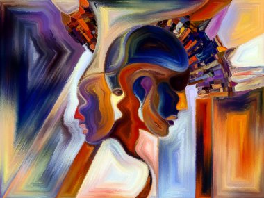 Lekeli Glass Forever serisi. Tasarım, yaratıcılık ve hayal gücü konularındaki insan profilleri, sembolleri ve renk kalıplarının kompozisyonu