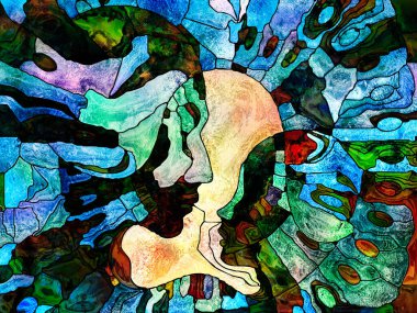 Vitray sonsuza dek serisi. Yetişkin ve çocuk profilleri bölünmüş ve mozaik gerçeklik eğitim, ebeveynlik ve birlik yaşam konusunda birleşti.