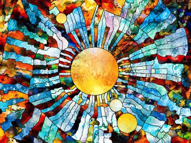 Vitray sonsuza dek serisi. Stilize gezegen bilim, eğitim, astronomi ve doğa konusundaki mozaik tarzı ile idam