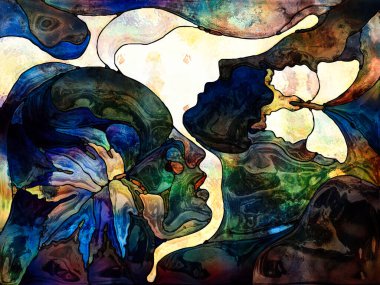 Vitray sonsuza dek serisi. İnsan profilleri ile sonbahar lea? ve aşk, ilişkiler ve doğa ile birlik konuda organik desenli kelebek çizilmiş.