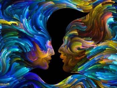 Love serisi kuş. Tuval renkli swirls ve negatif alan erkek şekillendirme, kadın profilleri ve kuş profilleri ilişki, sanat ve aşk konusunda.