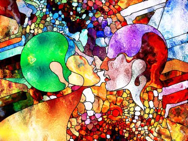 Lekeli Glass Forever serisi. Tasarım, yaratıcılık ve hayal gücü projeleri için uygun arkaplan olarak insan profillerinin, sembollerin ve renk kalıplarının bileşimi