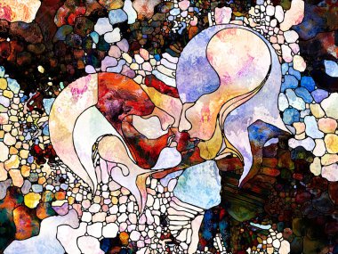 Lekeli Glass Forever serisi. Tasarım, yaratıcılık ve hayal gücü konularındaki insan profilleri, sembolleri ve renk kalıplarının arkaplanı