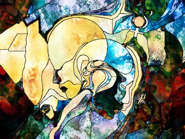 Lekeli Glass Forever serisi. İnsan profillerinin bileşimi, kutsal semboller ve mistisizm, yaratıcılık ve hayal gücüyle mecazi bir ilişkisi olan renk kalıpları.