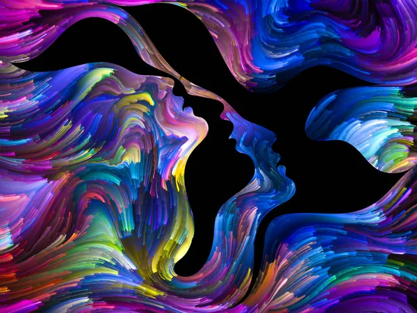 Bird of Love series. Canvas of colorful swirls and negative space forming male, female profiles and bird profiles on the subject of relationship, art and love.