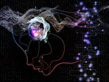 Dijital Zihin serisi. Bilgisayar bilimi, yapay zeka ve iletişim konularında bir kavram metaforu olarak insan yüzü ve teknoloji sembollerinin yaratıcı düzenlenmesi