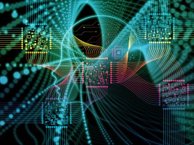 CPU zihin serisi. İnsan yüzü siluet ve teknoloji sembolleri bilgisayar bilimi, yapay zeka ve iletişim konusunda yapılmış soyut tasarım