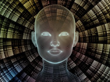 Zihin serisi yayılıyor. insan zihni, yapay zeka ve sanal gerçeklik konusunda insan baş ve fraktal deseninin 3D render