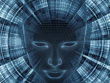 Radyasyon zihin serisi. İnsan zihni, yapay zeka ve sanal gerçeklikle ilgili projelerde zemin görevi görmesi için insan kafasının ve fraktal desenlerin 3 boyutlu kablo örgüsü modelinin oluşturulması