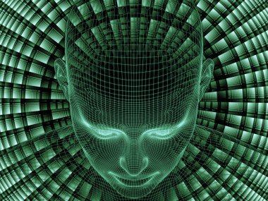 Zihin serisi yayılıyor. Çelik hasır modeli projeler insan aklı, yapay zeka ve sanal gerçeklik için insan baş ve fraktal desen kompozisyonu