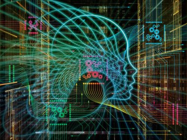 CPU zihin serisi. İnsan yüzü siluet ve teknoloji sembolleri bilgisayar bilimi, yapay zeka ve iletişim konusunda yapılmış soyut tasarım