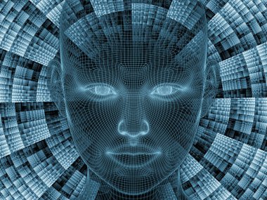 Radyasyon zihin serisi. İnsan zihni, yapay zeka ve sanal gerçeklik üzerinde insan kafası ve fraktal modelinin 3 boyutlu yansıması