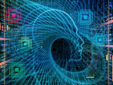 CPU zihin serisi. İnsan yüzü siluet ve teknoloji bilgisayar bilimi, yapay zeka ve iletişim mecazi ilişki sembollerle bileşimi