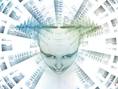 3D Rendering - Mind Field series. Composition of head of wire mesh human model and fractal patters suitable as a backdrop for the projects on artificial intelligence, science and technology clipart