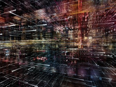 Sanal uzay serisi. Bilgi teknolojisi, bilgisayar ve iletişim konusunda perspektifte okları sembollerle yarı saydam 3B yapısının düzenleme