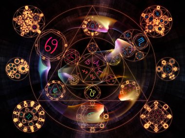 Astral bağlantı serisi. Zodyak ve fraktal geometri sembolleri yaratıcı düzenleme konu büyü, kutsal, gizli ve Astroloji kavramı mecaz olarak