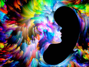 Boya serisi yüz. Sanat, hayal gücü, yaratıcılık ve feminizm ile ilgili projelerde uygun renkli insan portresi soyut kompozisyon