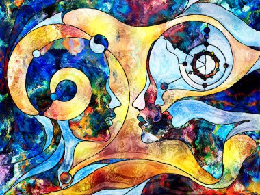 Vitray sonsuza dek serisi. Erkek, kadın ve çocuk kafa profilleri iletişim, iletişim, eğitim ve bilgi belirten organik desenleri ile çizilmiş.