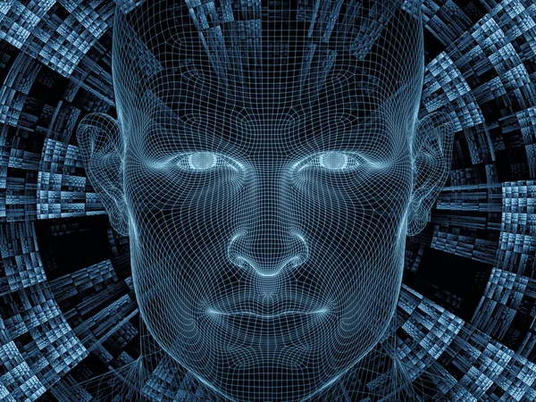 辐射心灵系列 人头线网模型和分形模型的三维绘制 作为人脑 人工智能和虚拟现实相关工程的背景 — 图库照片