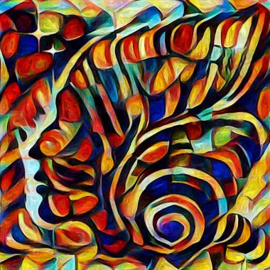 Sanat serisi deseni. Yaratıcılık ve sanat konusunda dijital tuvalde oluşturulan soyut yüz, şekiller ve renk elementleri.