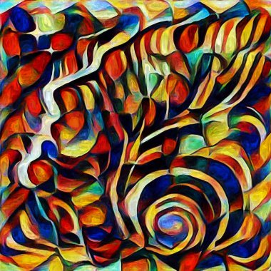 Sanat serisi deseni. Yaratıcılık ve sanat konusunda dijital tuvalde oluşturulan soyut yüz, şekiller ve renk elementleri.