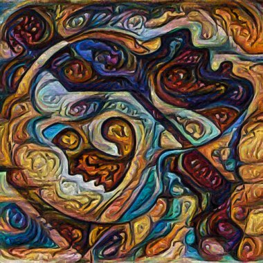 Hepimiz bu işin içindeyiz. İnsan siluetleri, insan durumunun şiirselliği üzerine soyut resim tarzıyla çizilmiştir..