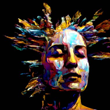 Etkileyici bir kadın portresi. Hayattaki ve sanattaki yaratıcı enerji için dijital boya darbelerinden oluşan soyut tasarım