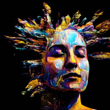 Etkileyici bir kadın portresi. Hayattaki ve sanattaki yaratıcı enerji projelerinde kullanılmak üzere dijital boya darbelerinin arkaplanı