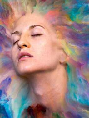 Dünya serisi. Duygular, duygular, iç dünya, yaratıcılık ve hayal gücü konularında kadın portresiyle birleştirilmiş sanatsal soyutlama.