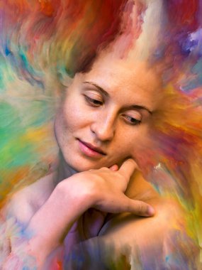 Onun Dünya serisi. Canlı boya uygun projeler üzerinde duygular, duygular, iç dünya, yaratıcılık ve hayal gücü ile erimiş kadın portresi aranjman