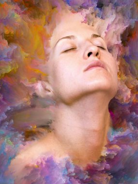 Dünya serisi. Kadın portresinin arka plan tasarımı duygular, duygular, iç dünya, yaratıcılık ve hayal gücü üzerine canlı boyalar ile kaynaştırılmış.