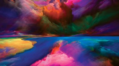 Hayalet Dağları. Gerçekliğe Kaçış dizisi. Manzara resmi, hayal gücü, yaratıcılık ve sanatla kavramsal ilişkili gerçeküstü gün batımı renkleri ve dokularının resmi