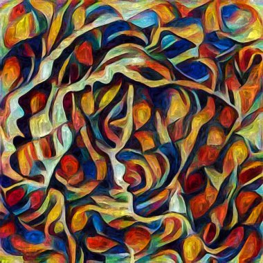 Hepimiz bu işin içindeyiz. İnsan siluetleri, insan durumunun şiirselliği üzerine soyut resim tarzıyla çizilmiştir..