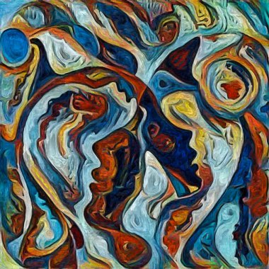 Hepimiz bu işin içindeyiz. İnsan siluetleri, insan durumunun şiirselliği üzerine soyut resim tarzıyla çizilmiştir..