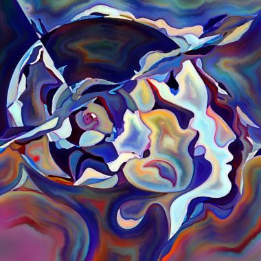 Parçalanmış Self serisi. İnsan yüzü ana hatları ve insan ilişkileri, zihin, psikoloji, iç dünya, yaratıcılık, zihinsel hastalık ve sanat konuları üzerine boyanmış desen kompozisyonu.