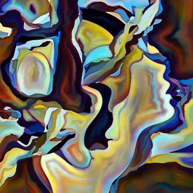 Parçalanmış Self serisi. İnsan yüzü ana hatları ve insan ilişkileri, zihin, psikoloji, iç dünya, yaratıcılık, zihinsel hastalık ve sanat konuları üzerine boyanmış desen kompozisyonu.