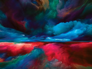 Renkli Vistas. Gerçekliğe Kaçış dizisi. Manzara resmi, hayal gücü, yaratıcılık ve sanat konularındaki tasarımları tamamlamak için gerçeküstü gün batımı renklerinin ve dokuların arkaplanı