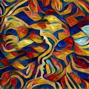 Hepimiz bu işin içindeyiz. İnsan siluetleri, insan durumunun şiirselliği üzerine soyut resim tarzıyla çizilmiştir..