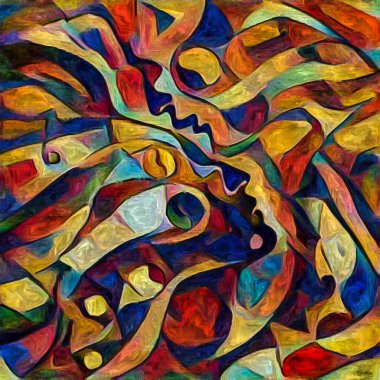 Karışık Kader. Erkek ve kadın yüzleri, insan durumunun şiirselliği üzerine soyut bir şekilde resmedilmiş..