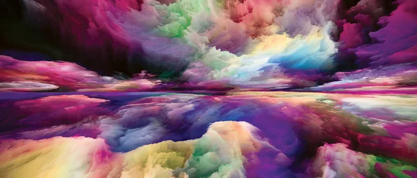 スペクトル ホライズン 心の風景 シリーズ 創造性と想像力の主題のための明るい塗料 運動勾配とシュールな山と雲のデザイン — ストック写真