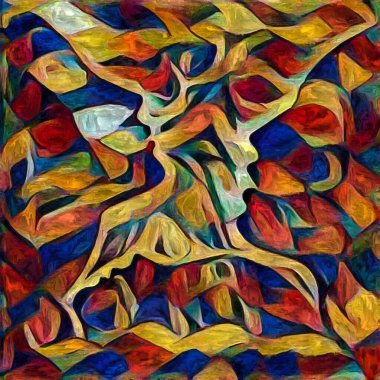 Hepimiz bu işin içindeyiz. İnsan siluetleri, insan durumunun şiirselliği üzerine soyut resim tarzıyla çizilmiştir..